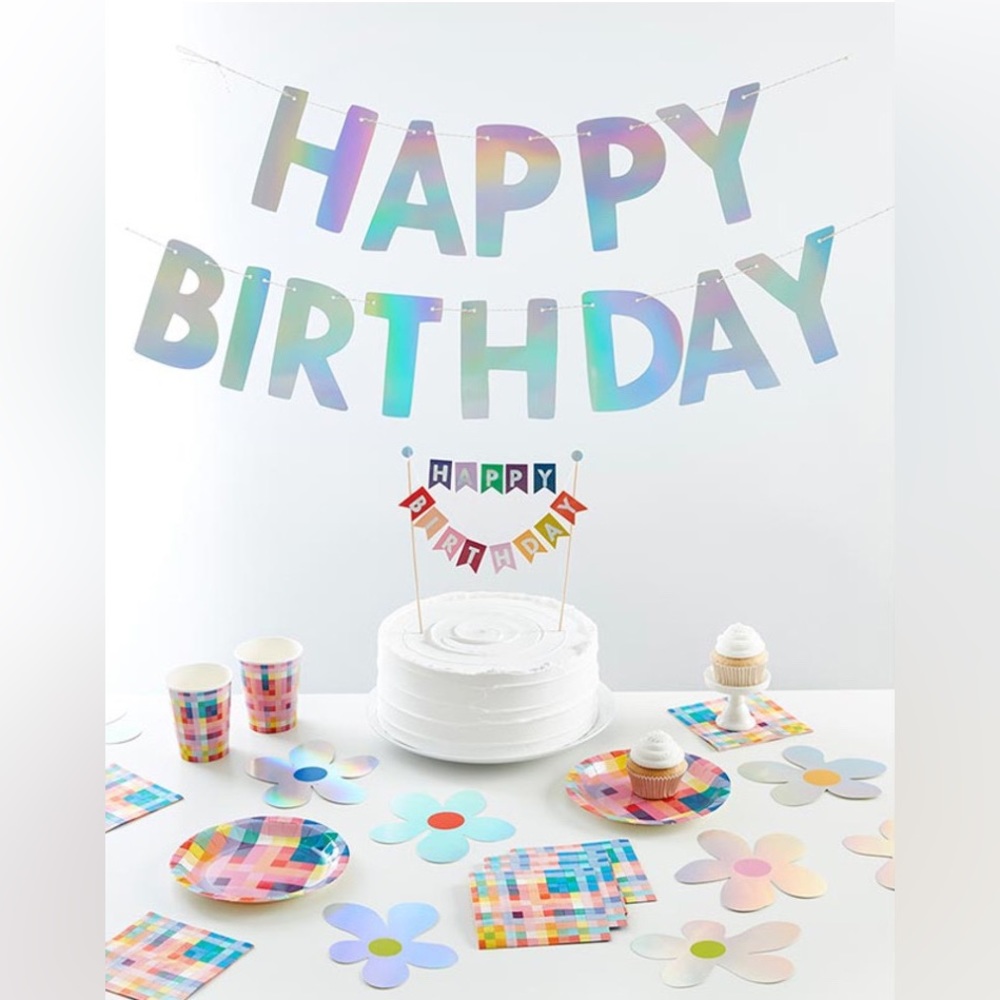 Slant colorful birthday party in a box: garland/cake topper/cups/plates…-NIB